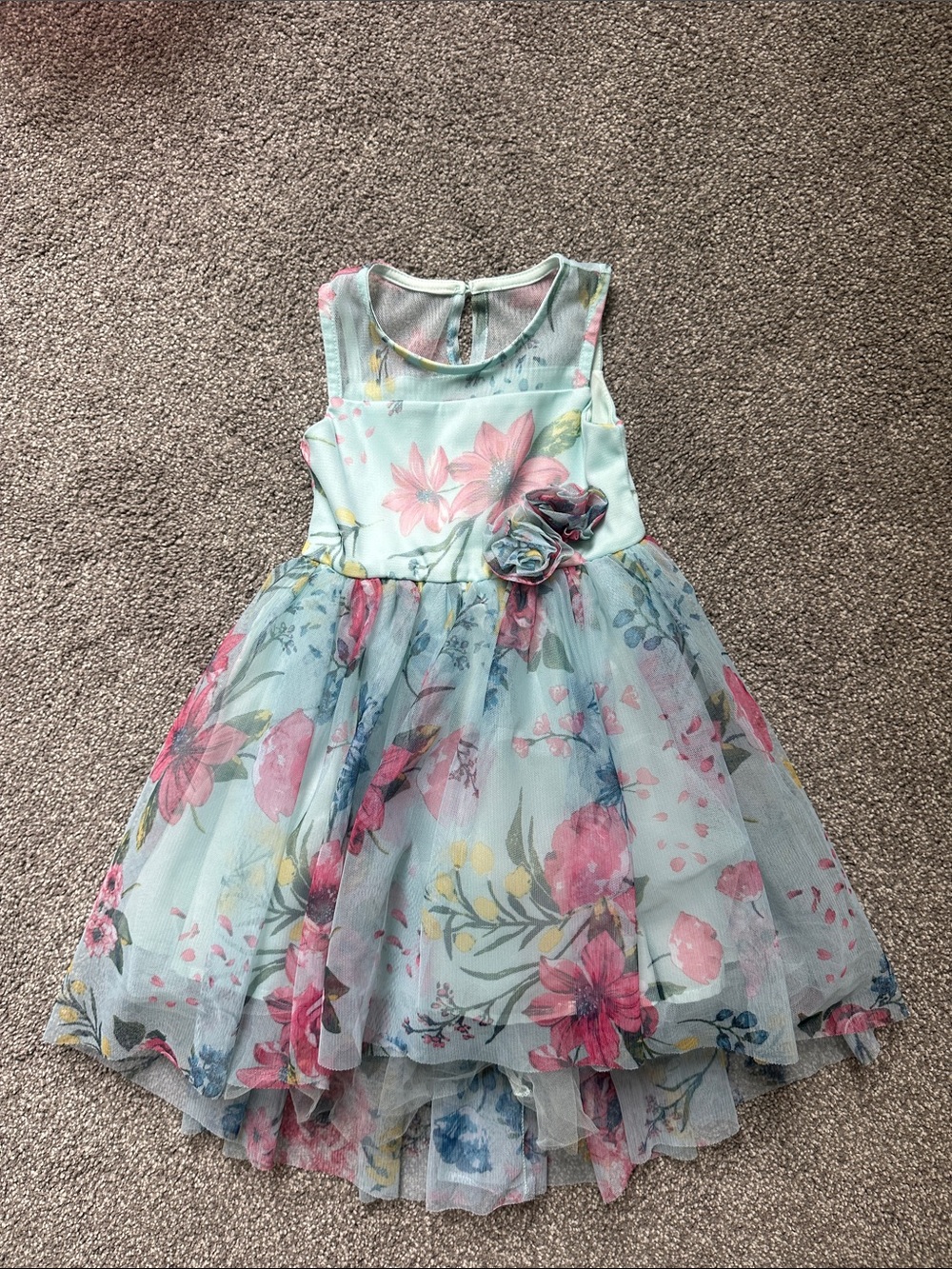 Girls' Floral Tulle Party Dress - Light Blue with Pink Flowers